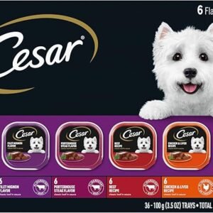 Cesar Adult Wet Dog Food Classic Loaf in Sauce Grilled Chicken, Filet Mignon, Porterhouse Steak, Beef, Chicken & Liver and Turkey Variety Pack, 3.5 oz. Easy Peel Trays, Pack of 36